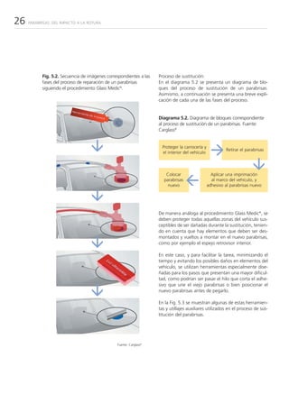 26   PARABRISAS: DEL IMPACTO A LA ROTURA




           Fig. 5.2. Secuencia de imágenes correspondientes a las   Proceso de sustitución:
           fases del proceso de reparación de un parabrisas         En el diagrama 5.2 se presenta un diagrama de blo-
           siguiendo el procedimiento Glass Medic®.                 ques del proceso de sustitución de un parabrisas.
                                                                    Asimismo, a continuación se presenta una breve expli-
                                                                    cación de cada una de las fases del proceso.


                                                                    Diagrama 5.2. Diagrama de bloques correspondiente
                                                                    al proceso de sustitución de un parabrisas. Fuente:
                                                                    Carglass®


                                                                      Proteger la carrocería y
                                                                                                          Retirar el parabrisas
                                                                      el interior del vehículo



                                                                       Colocar                     Aplicar una imprimación
                                                                      parabrisas                   al marco del vehículo, y
                                                                        nuevo                    adhesivo al parabrisas nuevo




                                                                    De manera análoga al procedimiento Glass Medic®, se
                                                                    deben proteger todas aquellas zonas del vehículo sus-
                                                                    ceptibles de ser dañadas durante la sustitución, tenien-
                                                                    do en cuenta que hay elementos que deben ser des-
                                                                    montados y vueltos a montar en el nuevo parabrisas,
                                                                    como por ejemplo el espejo retrovisor interior.

                                                                    En este caso, y para facilitar la tarea, minimizando el
                                                                    tiempo y evitando los posibles daños en elementos del
                                                                    vehículo, se utilizan herramientas especialmente dise-
                                                                    ñadas para los pasos que presentan una mayor dificul-
                                                                    tad, como podrían ser pasar el hilo que corta el adhe-
                                                                    sivo que une el viejo parabrisas o bien posicionar el
                                                                    nuevo parabrisas antes de pegarlo.

                                                                    En la Fig. 5.3 se muestran algunas de estas herramien-
                                                                    tas y utillajes auxiliares utilizados en el proceso de sus-
                                                                    titución del parabrisas.




                                                Fuente: Carglass®
 