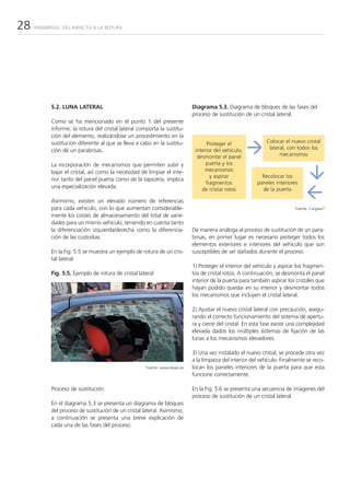 28   PARABRISAS: DEL IMPACTO A LA ROTURA




           5.2. LUNA LATERAL                                                 Diagrama 5.3. Diagrama de bloques de las fases del
                                                                             proceso de sustitución de un cristal lateral.
           Como se ha mencionado en el punto 1 del presente
           informe, la rotura del cristal lateral comporta la sustitu-
           ción del elemento, realizándose un procedimiento en la
           sustitución diferente al que se lleva a cabo en la sustitu-             Proteger el                Colocar el nuevo cristal
           ción de un parabrisas.                                             interior del vehículo,           lateral, con todos los
                                                                               desmontar el panel                   mecanismos
           La incorporación de mecanismos que permiten subir y                     puerta y los
           bajar el cristal, así como la necesidad de limpiar el inte-            mecanismos
                                                                                     y aspirar              Recolocar los
           rior tanto del panel puerta como de la tapicería, implica
                                                                                   fragmentos             paneles interiores
           una especialización elevada.                                          de cristal rotos           de la puerta

           Asimismo, existen un elevado número de referencias
           para cada vehículo, con lo que aumentan considerable-                                                           Fuente: Carglass®
           mente los costes de almacenamiento del total de varie-
           dades para un mismo vehículo, teniendo en cuenta tanto
           la diferenciación izquierda/derecha como la diferencia-           De manera análoga al proceso de sustitución de un para-
           ción de las custodias.                                            brisas, en primer lugar es necesario proteger todos los
                                                                             elementos exteriores e interiores del vehículo que son
           En la Fig. 5.5 se muestra un ejemplo de rotura de un cris-        susceptibles de ser dañados durante el proceso.
           tal lateral.
                                                                             1) Proteger el interior del vehículo y aspirar los fragmen-
           Fig. 5.5. Ejemplo de rotura de cristal lateral                    tos de cristal rotos. A continuación, se desmonta el panel
                                                                             interior de la puerta para también aspirar los cristales que
                                                                             hayan podido quedar en su interior y desmontar todos
                                                                             los mecanismos que incluyen el cristal lateral.

                                                                             2) Ajustar el nuevo cristal lateral con precaución, asegu-
                                                                             rando el correcto funcionamiento del sistema de apertu-
                                                                             ra y cierre del cristal. En esta fase existe una complejidad
                                                                             elevada dados los múltiples sistemas de fijación de las
                                                                             lunas a los mecanismos elevadores.

                                                                             3) Una vez instalado el nuevo cristal, se procede otra vez
                                                                             a la limpieza del interior del vehículo. Finalmente se reco-
                                                     Fuente: www.elpais.es   locan los paneles interiores de la puerta para que esta
                                                                             funcione correctamente.

           Proceso de sustitución:                                           En la Fig. 5.6 se presenta una secuencia de imágenes del
                                                                             proceso de sustitución de un cristal lateral.
           En el diagrama 5.3 se presenta un diagrama de bloques
           del proceso de sustitución de un cristal lateral. Asimismo,
           a continuación se presenta una breve explicación de
           cada una de las fases del proceso.
 