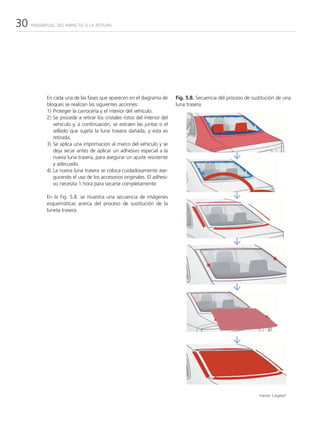30   PARABRISAS: DEL IMPACTO A LA ROTURA




           En cada una de las fases que aparecen en el diagrama de        Fig. 5.8. Secuencia del proceso de sustitución de una
           bloques se realizan las siguientes acciones:                   luna trasera
           1) Proteger la carrocería y el interior del vehículo.
           2) Se procede a retirar los cristales rotos del interior del
              vehículo y, a continuación, se extraen las juntas o el
              sellado que sujeta la luna trasera dañada, y esta es
              retirada.
           3) Se aplica una imprimación al marco del vehículo y se
              deja secar antes de aplicar un adhesivo especial a la
              nueva luna trasera, para asegurar un ajuste resistente
              y adecuado.
           4) La nueva luna trasera se coloca cuidadosamente ase-
              gurando el uso de los accesorios originales. El adhesi-
              vo necesita 1 hora para secarse completamente.

           En la Fig. 5.8. se muestra una secuencia de imágenes
           esquemáticas acerca del proceso de sustitución de la
           luneta trasera.




                                                                                                                Fuente: Carglass®
 