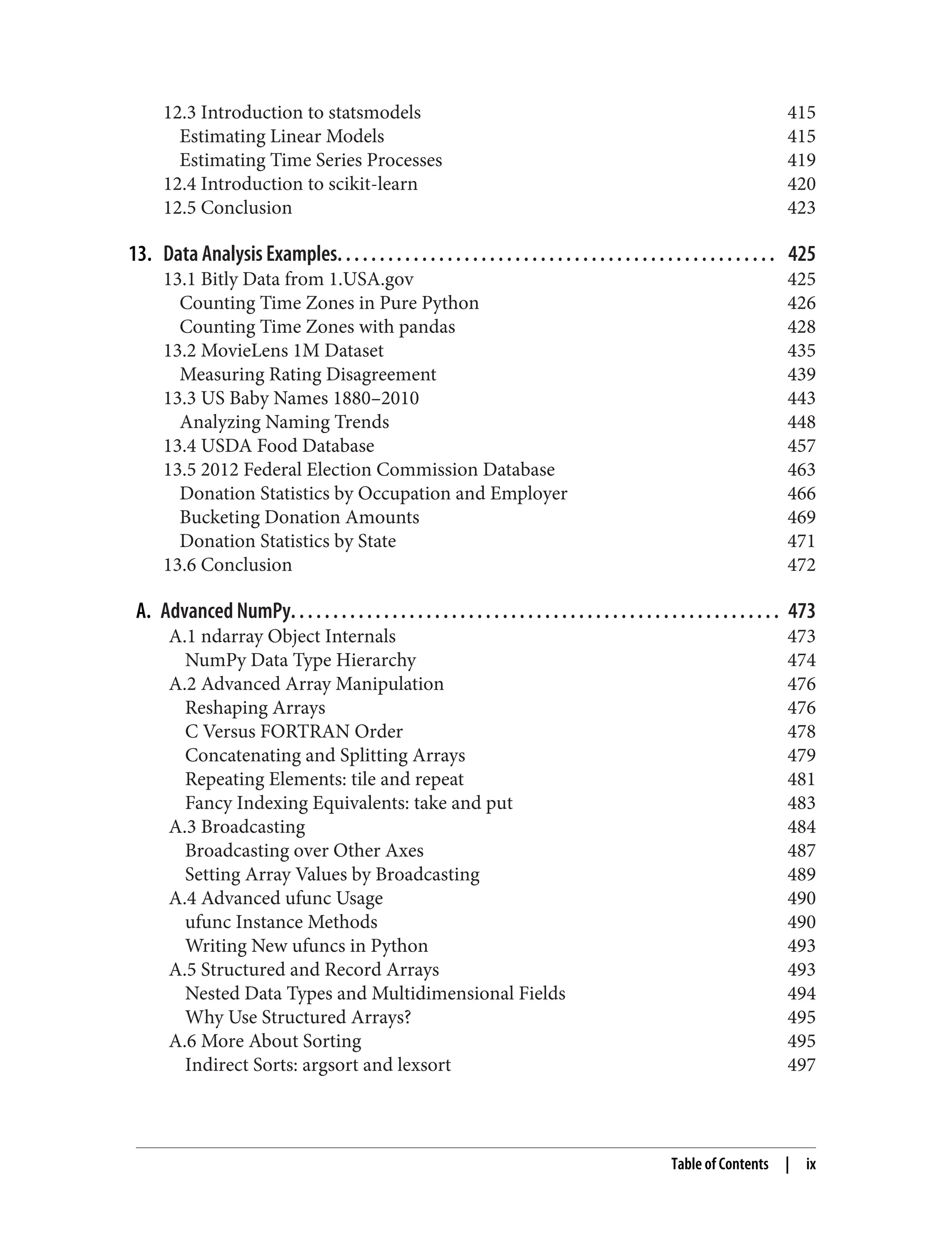 12.3 Introduction to statsmodels 415
Estimating Linear Models 415
Estimating Time Series Processes 419
12.4 Introduction to scikit-learn 420
12.5 Conclusion 423
13. Data Analysis Examples. . . . . . . . . . . . . . . . . . . . . . . . . . . . . . . . . . . . . . . . . . . . . . . . . . . . 425
13.1 Bitly Data from 1.USA.gov 425
Counting Time Zones in Pure Python 426
Counting Time Zones with pandas 428
13.2 MovieLens 1M Dataset 435
Measuring Rating Disagreement 439
13.3 US Baby Names 1880–2010 443
Analyzing Naming Trends 448
13.4 USDA Food Database 457
13.5 2012 Federal Election Commission Database 463
Donation Statistics by Occupation and Employer 466
Bucketing Donation Amounts 469
Donation Statistics by State 471
13.6 Conclusion 472
A. Advanced NumPy. . . . . . . . . . . . . . . . . . . . . . . . . . . . . . . . . . . . . . . . . . . . . . . . . . . . . . . . . . 473
A.1 ndarray Object Internals 473
NumPy Data Type Hierarchy 474
A.2 Advanced Array Manipulation 476
Reshaping Arrays 476
C Versus FORTRAN Order 478
Concatenating and Splitting Arrays 479
Repeating Elements: tile and repeat 481
Fancy Indexing Equivalents: take and put 483
A.3 Broadcasting 484
Broadcasting over Other Axes 487
Setting Array Values by Broadcasting 489
A.4 Advanced ufunc Usage 490
ufunc Instance Methods 490
Writing New ufuncs in Python 493
A.5 Structured and Record Arrays 493
Nested Data Types and Multidimensional Fields 494
Why Use Structured Arrays? 495
A.6 More About Sorting 495
Indirect Sorts: argsort and lexsort 497
Table of Contents | ix
 