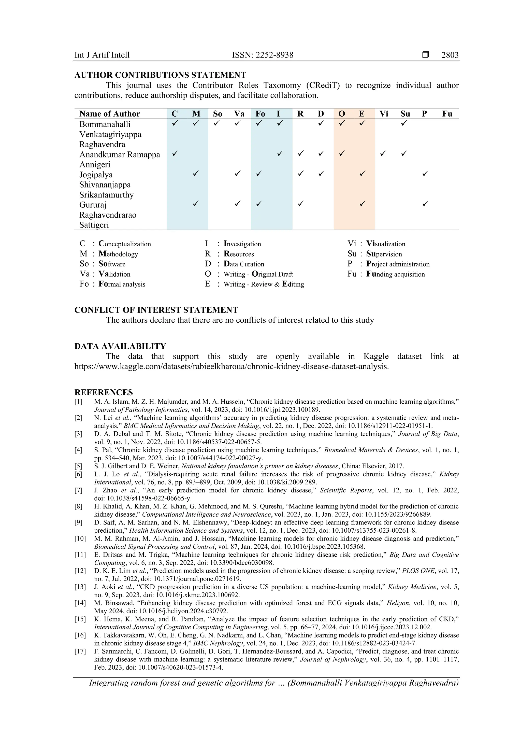 Int J Artif Intell ISSN: 2252-8938 
Integrating random forest and genetic algorithms for … (Bommanahalli Venkatagiriyappa Raghavendra)
2803
AUTHOR CONTRIBUTIONS STATEMENT
This journal uses the Contributor Roles Taxonomy (CRediT) to recognize individual author
contributions, reduce authorship disputes, and facilitate collaboration.
Name of Author C M So Va Fo I R D O E Vi Su P Fu
Bommanahalli
Venkatagiriyappa
Raghavendra
✓ ✓ ✓ ✓ ✓ ✓ ✓ ✓ ✓ ✓
Anandkumar Ramappa
Annigeri
✓ ✓ ✓ ✓ ✓ ✓ ✓
Jogipalya
Shivananjappa
Srikantamurthy
✓ ✓ ✓ ✓ ✓ ✓ ✓
Gururaj
Raghavendrarao
Sattigeri
✓ ✓ ✓ ✓ ✓ ✓
C : Conceptualization
M : Methodology
So : Software
Va : Validation
Fo : Formal analysis
I : Investigation
R : Resources
D : Data Curation
O : Writing - Original Draft
E : Writing - Review & Editing
Vi : Visualization
Su : Supervision
P : Project administration
Fu : Funding acquisition
CONFLICT OF INTEREST STATEMENT
The authors declare that there are no conflicts of interest related to this study
DATA AVAILABILITY
The data that support this study are openly available in Kaggle dataset link at
https://www.kaggle.com/datasets/rabieelkharoua/chronic-kidney-disease-dataset-analysis.
REFERENCES
[1] M. A. Islam, M. Z. H. Majumder, and M. A. Hussein, “Chronic kidney disease prediction based on machine learning algorithms,”
Journal of Pathology Informatics, vol. 14, 2023, doi: 10.1016/j.jpi.2023.100189.
[2] N. Lei et al., “Machine learning algorithms’ accuracy in predicting kidney disease progression: a systematic review and meta-
analysis,” BMC Medical Informatics and Decision Making, vol. 22, no. 1, Dec. 2022, doi: 10.1186/s12911-022-01951-1.
[3] D. A. Debal and T. M. Sitote, “Chronic kidney disease prediction using machine learning techniques,” Journal of Big Data,
vol. 9, no. 1, Nov. 2022, doi: 10.1186/s40537-022-00657-5.
[4] S. Pal, “Chronic kidney disease prediction using machine learning techniques,” Biomedical Materials & Devices, vol. 1, no. 1,
pp. 534–540, Mar. 2023, doi: 10.1007/s44174-022-00027-y.
[5] S. J. Gilbert and D. E. Weiner, National kidney foundation’s primer on kidney diseases, China: Elsevier, 2017.
[6] L. J. Lo et al., “Dialysis-requiring acute renal failure increases the risk of progressive chronic kidney disease,” Kidney
International, vol. 76, no. 8, pp. 893–899, Oct. 2009, doi: 10.1038/ki.2009.289.
[7] J. Zhao et al., “An early prediction model for chronic kidney disease,” Scientific Reports, vol. 12, no. 1, Feb. 2022,
doi: 10.1038/s41598-022-06665-y.
[8] H. Khalid, A. Khan, M. Z. Khan, G. Mehmood, and M. S. Qureshi, “Machine learning hybrid model for the prediction of chronic
kidney disease,” Computational Intelligence and Neuroscience, vol. 2023, no. 1, Jan. 2023, doi: 10.1155/2023/9266889.
[9] D. Saif, A. M. Sarhan, and N. M. Elshennawy, “Deep-kidney: an effective deep learning framework for chronic kidney disease
prediction,” Health Information Science and Systems, vol. 12, no. 1, Dec. 2023, doi: 10.1007/s13755-023-00261-8.
[10] M. M. Rahman, M. Al-Amin, and J. Hossain, “Machine learning models for chronic kidney disease diagnosis and prediction,”
Biomedical Signal Processing and Control, vol. 87, Jan. 2024, doi: 10.1016/j.bspc.2023.105368.
[11] E. Dritsas and M. Trigka, “Machine learning techniques for chronic kidney disease risk prediction,” Big Data and Cognitive
Computing, vol. 6, no. 3, Sep. 2022, doi: 10.3390/bdcc6030098.
[12] D. K. E. Lim et al., “Prediction models used in the progression of chronic kidney disease: a scoping review,” PLOS ONE, vol. 17,
no. 7, Jul. 2022, doi: 10.1371/journal.pone.0271619.
[13] J. Aoki et al., “CKD progression prediction in a diverse US population: a machine-learning model,” Kidney Medicine, vol. 5,
no. 9, Sep. 2023, doi: 10.1016/j.xkme.2023.100692.
[14] M. Binsawad, “Enhancing kidney disease prediction with optimized forest and ECG signals data,” Heliyon, vol. 10, no. 10,
May 2024, doi: 10.1016/j.heliyon.2024.e30792.
[15] K. Hema, K. Meena, and R. Pandian, “Analyze the impact of feature selection techniques in the early prediction of CKD,”
International Journal of Cognitive Computing in Engineering, vol. 5, pp. 66–77, 2024, doi: 10.1016/j.ijcce.2023.12.002.
[16] K. Takkavatakarn, W. Oh, E. Cheng, G. N. Nadkarni, and L. Chan, “Machine learning models to predict end-stage kidney disease
in chronic kidney disease stage 4,” BMC Nephrology, vol. 24, no. 1, Dec. 2023, doi: 10.1186/s12882-023-03424-7.
[17] F. Sanmarchi, C. Fanconi, D. Golinelli, D. Gori, T. Hernandez-Boussard, and A. Capodici, “Predict, diagnose, and treat chronic
kidney disease with machine learning: a systematic literature review,” Journal of Nephrology, vol. 36, no. 4, pp. 1101–1117,
Feb. 2023, doi: 10.1007/s40620-023-01573-4.
 