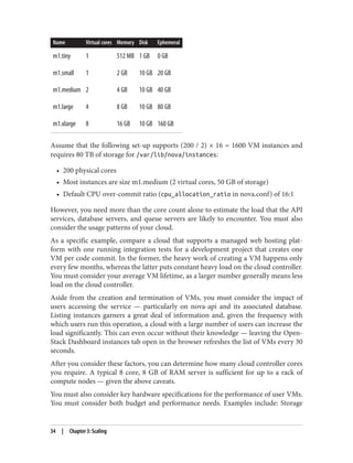 Name Virtual cores Memory Disk Ephemeral
m1.tiny 1 512 MB 1 GB 0 GB
m1.small 1 2 GB 10 GB 20 GB
m1.medium 2 4 GB 10 GB 40 GB
m1.large 4 8 GB 10 GB 80 GB
m1.xlarge 8 16 GB 10 GB 160 GB
Assume that the following set-up supports (200 / 2) × 16 = 1600 VM instances and
requires 80 TB of storage for /var/lib/nova/instances:
• 200 physical cores
• Most instances are size m1.medium (2 virtual cores, 50 GB of storage)
• Default CPU over-commit ratio (cpu_allocation_ratio in nova.conf) of 16:1
However, you need more than the core count alone to estimate the load that the API
services, database servers, and queue servers are likely to encounter. You must also
consider the usage patterns of your cloud.
As a specific example, compare a cloud that supports a managed web hosting plat‐
form with one running integration tests for a development project that creates one
VM per code commit. In the former, the heavy work of creating a VM happens only
every few months, whereas the latter puts constant heavy load on the cloud controller.
You must consider your average VM lifetime, as a larger number generally means less
load on the cloud controller.
Aside from the creation and termination of VMs, you must consider the impact of
users accessing the service — particularly on nova-api and its associated database.
Listing instances garners a great deal of information and, given the frequency with
which users run this operation, a cloud with a large number of users can increase the
load significantly. This can even occur without their knowledge — leaving the Open‐
Stack Dashboard instances tab open in the browser refreshes the list of VMs every 30
seconds.
After you consider these factors, you can determine how many cloud controller cores
you require. A typical 8 core, 8 GB of RAM server is sufficient for up to a rack of
compute nodes — given the above caveats.
You must also consider key hardware specifications for the performance of user VMs.
You must consider both budget and performance needs. Examples include: Storage
34 | Chapter 3: Scaling
 