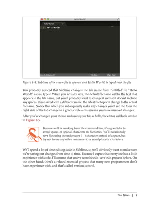 Figure 1-4. Sublime after a new file is opened and Hello World! is typed into the file
You probably noticed that Sublime changed the tab name from “untitled” to “Hello
World!” as you typed. When you actually save, the default filename will be the text that
appears in the tab name, but you’ll probably want to change it so that it doesn’t include
any spaces. Once saved with a different name, the tab at the top will change to the actual
filename. Notice that when you subsequently make any changes you’ll see the X on the
right side of the tab change to a green circle—this means you have unsaved changes.
After you’ve changed your theme and saved your file as hello, the editor will look similar
to Figure 1-5.
Because we’ll be working from the command line, it’s a good idea to
avoid spaces or special characters in filenames. We’ll occasionally
save files using the underscore ( _ ) character instead of a space, but
try not to use any other nonnumeric or nonalphabetic characters.
We’ll spend a lot of time editing code in Sublime, so we’ll obviously want to make sure
we’re saving our changes from time to time. Because I expect that everyone has a little
experience with code, I’ll assume that you’ve seen the edit-save-edit process before. On
the other hand, there’s a related essential process that many new programmers don’t
have experience with, and that’s called version control.
Text Editors | 5
 
