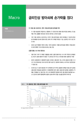 5
Macro 금리인상 방아쇠에 손가락을 얹다
박형중
econ4u@daishin.com
미 10월 고용 서프라이즈, 연준 12월 금리인상에 당위성을 부여
- 미 10월 비농업부문 취업자수는 전월대비 27.1만명 증가로 8월과 9월 부진을 상쇄하는 큰 상승
폭을 기록. 실업률은 완전고용 수준으로 평가되는 5.0%에 도달함
- 이번 10월 고용지표 서프라이즈는 미국의 12월 금리인상을 시장이 받아들일 수 있도록 당위성
을 부여해줌과 동시에 연준에 대한 신뢰의 추가 하락을 막아줄 수 있는 상징적인 계기가 될 것으
로 판단
- 앞으로 남은 연말동안 연준의 과제는 기존의 입장대로 12월에 금리인상을 단행하고 유동성 흡수
에 대한 명확한 가이드라인을 제시하는 일일 것임
신흥국 통화, 다시 약세 국면으로
- 9월 FOMC 이후 약 2개월간 되돌림을 보여온 신흥국 통화가치는 다시 하락 국면으로 접어들었
음. 최근의 신흥국 통화가치 반등은 ‘미 금리인상 연기’라는 큰 변수를 반영한 상황이었기 때문
- 중국의 성장둔화와 미 통화정책 정상화 사이에서 신흥시장이 겪는 경기와 금융시장 영향 간 괴
리가 지속 확대되어갈 것으로 본다면 향후 상당기간 신흥국에 대해서는 보수적으로 접근할 필요
가 있을 것임
- ECB와 BoJ가 시장의 예상대로 추가 양적완화 등 추가적인 금융완화 정책을 제시할 경우 글로벌
금융시장에 유동성을 공급하면서 미 통화정책에 따른 신흥국 금융시장의 불안을 상쇄해주는 역
할을 기대해볼 수는 있을 것임. 다만, US의 통화정책 정상화에 따른 신흥 금융시장 불안을 Non-
US 선진국의 완화적 통화정책이 충분히 상쇄시켜주지 못할 가능성을 염두에 두어야 함
그림1. 미 고용시장, 연준 12월 금리인상을 지지
0
50
100
150
200
250
300
350
400
450
4.5
5.0
5.5
6.0
6.5
7.0
7.5
8.0
8.5
12 13 14 15
(천명)(%) 비농가취업자수 증감(우)
실업률(좌)
자료: BLS, 대신증권 리서치센터
 