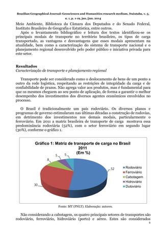 Brazilian Geographical Journal: Geosciences and Humanities research medium, Ituiutaba, v. 5,
n. 1, p. 1-19, jan./jun. 2014
6
Meio Ambiente, Biblioteca da Câmara dos Deputados e do Senado Federal,
Instituto Brasileiro de Geografia e Estatística, entre outros.
Após o levantamento bibliográfico e leitura dos textos identificou-se os
principais modais de transporte no território brasileiro, os tipos de carga
transportado, as vantagens e desvantagens que esses modais apresentam na
atualidade, bem como a caracterização do sistema de transporte nacional e o
planejamento regional desenvolvido pelo poder público e iniciativa privada para
este setor.
Resultados
Caracterização de transporte e planejamento regional
Transporte pode ser considerado como o deslocamento de bens de um ponto a
outro da rede logística, respeitando as restrições de integridade da carga e de
confiabilidade de prazos. Não agrega valor aos produtos, mas é fundamental para
que os mesmos cheguem ao seu ponto de aplicação, de forma a garantir o melhor
desempenho dos investimentos dos diversos agentes econômicos envolvidos no
processo.
O Brasil é tradicionalmente um país rodoviário. Os diversos planos e
programas de governo estimularam nas últimas décadas a construção de rodovias,
em detrimento dos investimentos nos demais modais, particularmente o
ferroviário. Em 2011 a matriz brasileira de transporte de carga mostrava essa
predominância rodoviária (52%), com o setor ferroviário em segundo lugar
(30%), conforme o gráfico 1.
52
30
8
5 5
Gráfico 1: Matriz de transporte de carga no Brasil
2011
(Em %)
Rodoviário
Ferroviário
Cabotagem
Hidroviário
Dutoviário
Fonte: MT (PNLT). Elaboração: autores.
Não considerando a cabotagem, os quatro principais setores de transportes são
rodoviário, ferroviário, hidroviário (porto) e aéreo. Estes são considerados
 