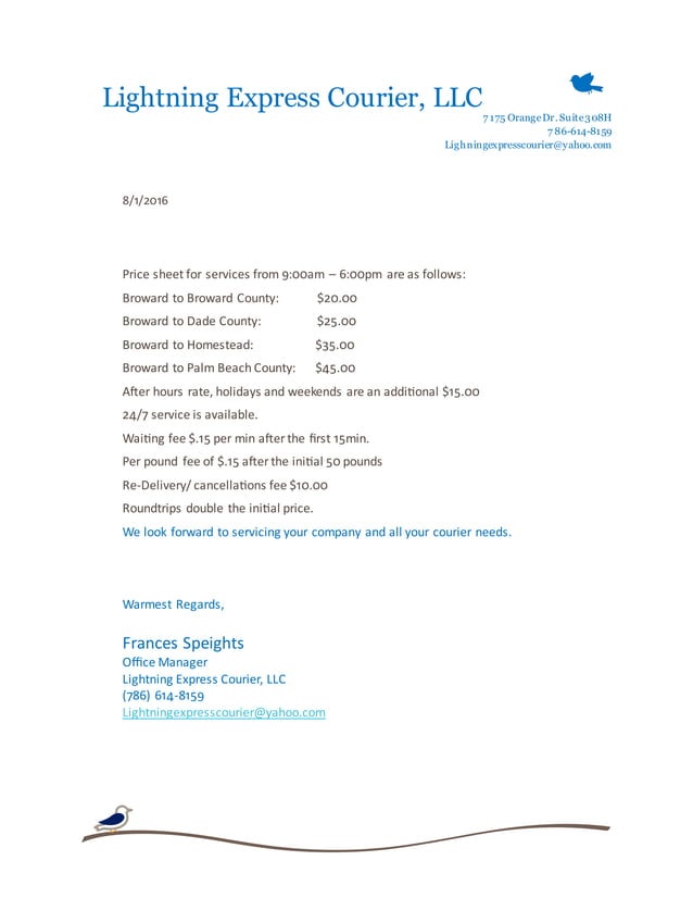 Lightning Express Courier Price Sheet PDF