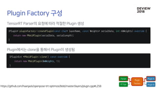 IPluginExt *PReLUPlugin::clone() const override {
return new PReLUPlugin(&mWeights, 1);
}
IPlugin* pluginFactory::createPlugin(const char* layerName, const Weights* serialData, int nbWeights) override {
return new PReLUPlugin(serialData, serialLength);
}
 