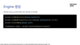 builder->setMaxBatchSize(gParams.batchSize);
builder->setMaxWorkspaceSize(size_t(gParams.workspaceSize) << 20);
builder->setFp16Mode(gParams.fp16);
ICudaEngine* engine = builder->buildCudaEngine(*network);
 