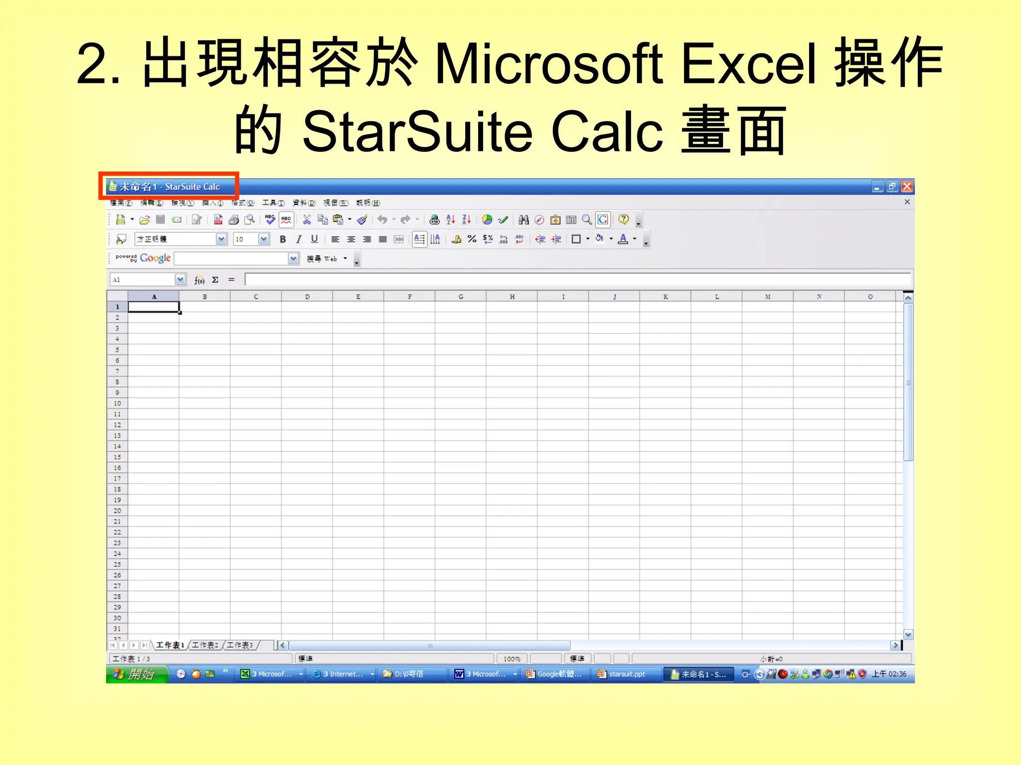 2. 出現相容於 Microsoft Excel 操作的 StarSuite Calc 畫面 