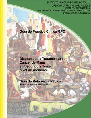 Guía de Práctica Clínica GPC
Diagnóstico y Tratamiento del
Cáncer de Mama
en Segundo y Tercer
nivel de Atención
Guía de Referencia Rápida
Número de Registro: IMSS-232-09
 