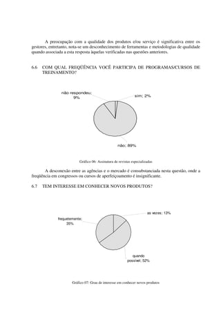 A preocupação com a qualidade dos produtos e/ou serviço é significativa entre os
gestores, entretanto, nota-se um desconhecimento de ferramentas e metodologias de qualidade
quando associada a esta resposta àquelas verificadas nas questões anteriores.
6.6 COM QUAL FREQÜÊNCIA VOCÊ PARTICIPA DE PROGRAMAS/CURSOS DE
TREINAMENTO?
não; 89%
sim; 2%
não respondeu;
9%
Gráfico 06: Assinatura de revistas especializadas
A desconexão entre as agências e o mercado é consubstanciada nesta questão, onde a
freqüência em congressos ou cursos de aperfeiçoamento é insignificante.
6.7 TEM INTERESSE EM CONHECER NOVOS PRODUTOS?
quando
possível; 52%
as vezes; 13%
frequetemente;
35%
Gráfico 07: Grau de interesse em conhecer novos produtos
 