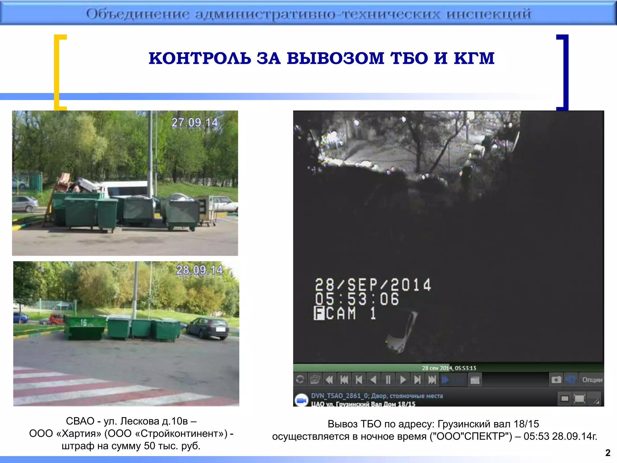 2 
КОНТРОЛЬ ЗА ВЫВОЗОМ ТБО И КГМ 
Вывоз ТБО по адресу: Грузинский вал 18/15 
осуществляется в ночное время ("ООО"СПЕКТР") – 05:53 28.09.14г. 
СВАО - ул. Лескова д.10в – 
ООО «Хартия» (ООО «Стройконтинент») - 
штраф на сумму 50 тыс. руб. 
 