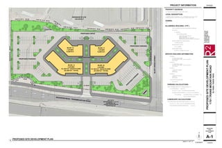 8
8
9
7
11
8
10
8
7
5
9 9
7 7 7
5
6
6
7
5
12
12
12
BEARING=N 83° 17' 34" W
PROPOSED PARKING
PR
O
PO
SED
PA
R
K
IN
G
PROPOSED PARKING
PROPOSED DRIVE
2 STORY
10,164 S.F. EACH FLOOR
20,328 S.F. TOTAL
2 STORY
10,164 S.F. EACH FLOOR
20,328 S.F. TOTAL
1 STORY
6,264 S.F.
1 STORY
6,264 S.F.
VAN
DRAINAGE R.O.W.
126,323 S.F.
WOODROW BEAN - TRANSMOUNTAIN ROAD
PEDESTRIAN COURTYARD
BLUFFCREEKSTREET
DUMPSTER
35' DRIVE
N 82° 28' 07" W
50.00'
S 67° 22' 03" W
49.53'
N
37°28'07"W
35.28'
CHORD=561.26'
CHORD LENGTH=269.95'
RADIUS=532.00'
N00°00'00"W289.01'
ARC DATA
S00°00'00"E327.61'
S 83° 51' 06" E 106.76' S 82° 49' 17" E 90.55'
S 86° 15' 18" E 113.11'
49.14'
S 58° 58' 19" E
S 87° 09' 54" E 95.40' S 89° 39' 23" E 87.18' N 83° 54' 35" E 70.06' S 89° 44' 17" E 70.46'
BLDG. BBLDG. A
BLDG. D BLDG. C
PLAN NORTH
PROPOSED SITE DEVELOPMENT PLAN
SCALE: 1" = 30' - 0" DATE ISSUED:
SHEET NAME:
REVISIONS:
NO: DATE: REFERENCE:
SEAL:
A-1
PROPOSED
SITE
DEVELOPMENT
PLAN
11/22/2016
1
N
R2DESIGNGROUPINC.
5736WALDORFDRIVE
ELPASO,TEXAS79924
915-820-4454
PROPOSEDSITEDEVELOPMENTPLAN
1751TRANSMOUNTAINROAD
ELPASO,TEXAS79930
PROPERTY ADDRESS:
1751 TRANS MOUNTAIN ROAD, EL PASO, TEXAS 79930
ZONING:
C-3 C
A PORTION OF TRACT 10A, BLOCK 1, LOT 1, CONTAINING 200,135 S.F., NELLIE
D. MUNDY SURVEY NO. 239, CITY OF EL PASO, EL PASO COUNTY, TEXAS
LEGAL DESCRIPTION:
OFFICE & RESEARCH SERVICES - EL PASO MUNICODE 4.00
4.10 OFFICE/ MEDICAL - 1/ 288 G.F.A.
53,184 G.F.A. / 288 = 184 PARKING SPACES REQUIRED
ACCESSIBLE SPACES REQUIRED: 6 / 1 OF WHICH VAN ACCESSIBLE
TOTAL PROVIDED: 185 PARKING SPACES, 6 ACCESSIBLE, 1 VAN
6 BICYCLE SPACES REQUIRED
PARKING CALCULATIONS:
PROJECT INFORMATION
TOTAL DEVELOPMENT STRUCTURE SQUARE FOOTAGE: 53,184 G.F.A.
53,184 G.F.A. X 15% = 7,978 S.F. OF REQUIRED LANDSCAPE
TOTAL PROVIDED LANDSCAPING @ FRONTAGE: 12,425 S.F.
LANDSCAPE CALCULATIONS:
TYPE II-B CONSTRUCTION (NON-CUMBUSTIBLE) UNSPRINKLED
OCCUPANCY:
B - BUSINESS
OCCUPANCIES ALLOWED:
AMBULATORY CARE FACILITIES
CLINIC, OUTPATIENT
LABORATORIES: TESTING & RESEARCH
PROFESSIONAL SERVICES: DENTISTS, PHYSICIANS
BUILDING STORIES ABOVE GRADE ALLOWED:
3 STORIES ALLOWED
BUILDING HEIGHT ALLOWED:
55' HT. ALLOWED
BUILDING AREA ALLOWED:
23,000 S.F. ALLOWED EACH FLOOR
ALLOWABLE BUILDING: (TYP.)
BUILDING A:
2 STORIES ABOVE GRADE
10,164 S.F. EACH FLOOR - TOTAL: 20,328 S.F.
35'-0" HEIGHT
BUILDING B:
2 STORIES ABOVE GRADE
10,164 S.F. EACH FLOOR - TOTAL: 20,328 S.F.
35'-0" HEIGHT
BUILDING C:
1 STORY ABOVE GRADE
6,264 S.F.
25'-0" HEIGHT
BUILDING D:
1 STORY ABOVE GRADE
6,264 S.F.
25'-0" HEIGHT
TOTAL BUILDING BUILDING AREA:
53,184 G.F.A.
SPECIFIC BUILDING INFORMATION:
 