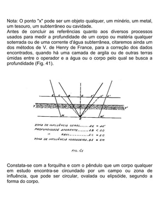 Nota: O ponto "x" pode ser um objeto qualquer, um minério, um metal,
um tesouro, um subterrâneo ou cavidade.
Antes de concluir as referências quanto aos diversos processos
usados para medir a profundidade de um corpo ou matéria qualquer
soterrada ou de uma corrente d'água subterrânea, citaremos ainda um
dos métodos de V. de Henry de France, para a correção dos dados
encontrados, quando há uma camada de argila ou de outras terras
úmidas entre o operador e a água ou o corpo pelo qual se busca a
profundidade (Fig. 41).
Constata-se com a forquilha e com o pêndulo que um corpo qualquer
em estudo encontra-se circundado por um campo ou zona de
influência, que pode ser circular, ovalada ou elipsóide, segundo a
forma do corpo.
 