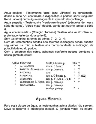 Água potável - Testemunha "azul" (azul ultramar) ou aproximado,
dando a série "2", confirmará o diagnóstico e poderia servir (segundo
René Lacroix) numa água estagnante inspirando desconfiança.
Água suspeita - Testemunha "verde-azul-branco" (pêndulos de nossa
série de cores), "verde mate" (fosco), dando ao mesmo tempo a série
3.
Água contaminada - (Coleção Turenne) Testemunha muito clara ou
preto fraco (este dando a série 4).
Sem testemunha, teremos as séries: 7 - 2 - 3 - 4.
Com as testemunhas citadas não teremos indicações senão quando
seguramos na mão a testemunha correspondente à indicação da
potabilidade ou do perigo.
Com o emprego das cores, achamos conforme nossos pêndulos e
nossa gama de cores:
Águas Minerais
Para essa classe de água, as testemunhas acima citadas não servem.
Deve-se recorrer à orientação mental. O pêndulo verde ou neutro,
 