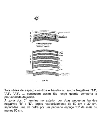 Tais séries de espaços neutros e bandas ou sulcos Negativos "A1",
"A2", "A3", ... continuam assim tão longe quanto comporta a
profundidade da jazida.
A zona dos 5° termina no exterior por duas pequenas bandas
negativas "B" e "D", largas respectivamente de 50 cm e 30 cm,
separadas uma da outra por um pequeno espaço "C" de mais ou
menos 50 cm.
 