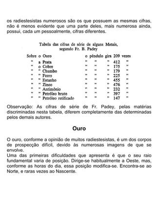 os radiestesistas numerosos são os que possuem as mesmas cifras,
não é menos evidente que uma parte deles, mais numerosa ainda,
possui, cada um pessoalmente, cifras diferentes.
Observação: As cifras de série de Fr. Padey, pelas matérias
discriminadas nesta tabela, diferem completamente das determinadas
pelos demais autores.
Ouro
O ouro, conforme a opinião de muitos radiestesistas, é um dos corpos
de prospecção difícil, devido às numerosas imagens de que se
envolve.
Uma das primeiras dificuldades que apresenta é que o seu raio
fundamental varia de posição. Dirige-se habitualmente a Oeste, mas,
conforme as horas do dia, essa posição modifica-se. Encontra-se ao
Norte, e raras vezes ao Nascente.
 