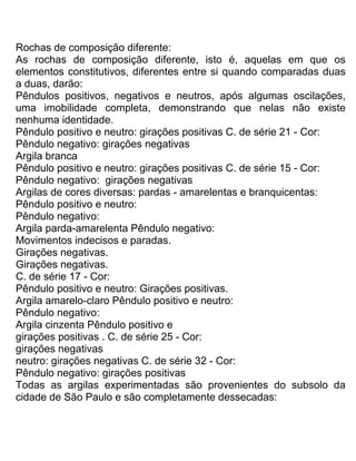 Rochas de composição diferente:
As rochas de composição diferente, isto é, aquelas em que os
elementos constitutivos, diferentes entre si quando comparadas duas
a duas, darão:
Pêndulos positivos, negativos e neutros, após algumas oscilações,
uma imobilidade completa, demonstrando que nelas não existe
nenhuma identidade.
Pêndulo positivo e neutro: girações positivas C. de série 21 - Cor:
Pêndulo negativo: girações negativas
Argila branca
Pêndulo positivo e neutro: girações positivas C. de série 15 - Cor:
Pêndulo negativo: girações negativas
Argilas de cores diversas: pardas - amarelentas e branquicentas:
Pêndulo positivo e neutro:
Pêndulo negativo:
Argila parda-amarelenta Pêndulo negativo:
Movimentos indecisos e paradas.
Girações negativas.
Girações negativas.
C. de série 17 - Cor:
Pêndulo positivo e neutro: Girações positivas.
Argila amarelo-claro Pêndulo positivo e neutro:
Pêndulo negativo:
Argila cinzenta Pêndulo positivo e
girações positivas . C. de série 25 - Cor:
girações negativas
neutro: girações negativas C. de série 32 - Cor:
Pêndulo negativo: girações positivas
Todas as argilas experimentadas são provenientes do subsolo da
cidade de São Paulo e são completamente dessecadas:
 
