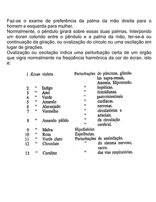 Faz-se o exame de preferência da palma da mão direita para o
homem e esquerda para mulher.
Normalmente, o pêndulo girará sobre essas duas palmas. Interpondo
um écran colorido entre o pêndulo e a palma da mão, ter-se-á ou
continuação da giração, ou ovalização do círculo ou uma oscilação em
lugar de girações.
Ovalização ou oscilação indica uma perturbação certa de um órgão
que vigra normalmente na freqüência harmônica da cor do écran, isto
é:
 