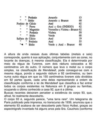 A altura de onda nessas duas últimas tabelas (metais e sais)
corresponde, quanto à sua aplicação, conjuntamente com as cores, no
tocante às doenças, à mesma classificação. Ela é determinada por
meio da régua de Turenne, com dois rádiuns colocados a 80
centimetros um do outro. O número que leva o metal ou o corpo
simples, na classificação de Mendeleef, pode conseguir-se com a
mesma régua, pondo o segundo rádium a 92 centímetros, ou bem
numa outra régua em que os 155 centímetros tiverem sido divididos
em 92 partes iguais, cada uma delas representando a ordem da
classificação conforme a lei de Mendeleef que classifica e faz entrar
todos os corpos existentes na Natureza em 8 grupos ou famílias,
ocupando o último conhecido a casa 92, que é a última.
Buscas recentes deixaram perceber a existência do corpo 93, que,
afinal, foi realmente descoberto.
O corpo 93 é, segundo parece, "uma terra rara". Um telegrama de
Paris publicado pela imprensa, no transcurso de 1939, anunciou que o
elemento 93 acabava de ser descoberto pelo físico Hulbei, graças ao
espectrógrafo inventado há alguns anos pela Sra. Cauchois (conforme
 