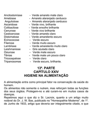 Ancilostomíase - Verde amarelo mate claro
Amebiase - Amarelo alaranjado cerdusco
Anguilulose - Amarelo alaranjado cerdusco
Ascaridose - Verde vivo, brilhante
Colibacilose - Verde enxofre brilhante
Cenurose - Verde vivo brilhante
Cesticercose - Verde amarelo claro
Distomatose - Verde amarelento escuro
Ecinococose - Verde escuro
Filariose - Verde muito escuro
Lamblíase - Verde amarelento muito claro
Leishmaniose - Gris azulado claro
Osiurose - Verde mate escuro
Tênias - Verde mate um pouco claro
Tricocepalose - Verde claro
Tripanosomas - Verde escuro, brilhante.
13ª. PARTE
CAPÍTULO XXIV
HIGIENE NA ALIMENTAÇÃO
A alimentação entra como principal fator na conservação da saúde do
homem.
Os alimentos não somente o nutrem, mas reforçam todas as funções
dos seus órgãos. Protegem-no e até curam-no em muitos casos de
doenças.
Repetimos aqui o que diz o Sr. Lacroix, quanto a um artigo muito
notável do Dr. J. W. Bas, publicado no "Homeopathie Moderne", de 1º.
de Junho de 1933, artigo que deveria ser integralmente citado, e que
 