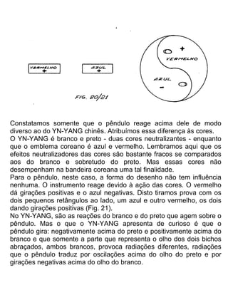 Constatamos somente que o pêndulo reage acima dele de modo
diverso ao do YN-YANG chinês. Atribuímos essa diferença às cores.
O YN-YANG é branco e preto - duas cores neutralizantes - enquanto
que o emblema coreano é azul e vermelho. Lembramos aqui que os
efeitos neutralizadores das cores são bastante fracos se comparados
aos do branco e sobretudo do preto. Mas essas cores não
desempenham na bandeira coreana uma tal finalidade.
Para o pêndulo, neste caso, a forma do desenho não tem influência
nenhuma. O instrumento reage devido à ação das cores. O vermelho
dá girações positivas e o azul negativas. Disto tiramos prova com os
dois pequenos retângulos ao lado, um azul e outro vermelho, os dois
dando girações positivas (Fig. 21).
No YN-YANG, são as reações do branco e do preto que agem sobre o
pêndulo. Mas o que o YN-YANG apresenta de curioso é que o
pêndulo gira: negativamente acima do preto e positivamente acima do
branco e que somente a parte que representa o olho dos dois bichos
abraçados, ambos brancos, provoca radiações diferentes, radiações
que o pêndulo traduz por oscilações acima do olho do preto e por
girações negativas acima do olho do branco.
 