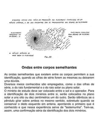 Ondas entre corpos semelhantes
As ondas semelhantes que existem entre os corpos permitem a sua
identificação, quando as cifras de série forem as mesmas ou deixarem
uma dúvida.
Diversos meios conhecidos são empregados, como o das cifras de
série, o do raio fundamental e o do raio solar ou plano solar.
O minério de estudo deve ser colocado entre o sol e o operador. Para
a identificação de dois minérios entre si, serão colocados no plano
solar a uns oito ou dez centímetros um do outro. Serão idênticos se o
pêndulo girar sobre ambos no mesmo sentido, sobretudo quando se
conservar o dedo esquerdo em antena, apontando o primeiro que é
conhecido e que nessa experiência serve de "testemunha". Tem-se,
assim, uma confirmação séria da identificação dos dois minérios.
 