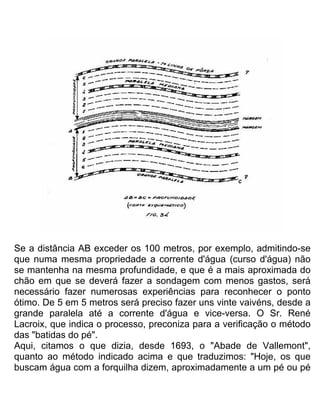 Se a distância AB exceder os 100 metros, por exemplo, admitindo-se
que numa mesma propriedade a corrente d'água (curso d'água) não
se mantenha na mesma profundidade, e que é a mais aproximada do
chão em que se deverá fazer a sondagem com menos gastos, será
necessário fazer numerosas experiências para reconhecer o ponto
ótimo. De 5 em 5 metros será preciso fazer uns vinte vaivéns, desde a
grande paralela até a corrente d'água e vice-versa. O Sr. René
Lacroix, que indica o processo, preconiza para a verificação o método
das "batidas do pé".
Aqui, citamos o que dizia, desde 1693, o "Abade de Vallemont",
quanto ao método indicado acima e que traduzimos: "Hoje, os que
buscam água com a forquilha dizem, aproximadamente a um pé ou pé
 