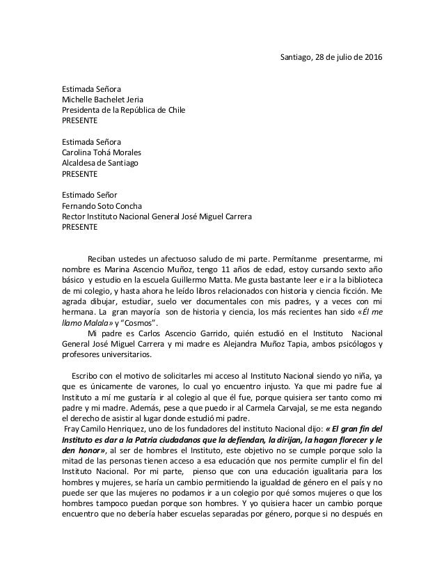 Carta de Marina Ascencio - Niña pide ingreso a Instituto 
