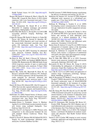 Health Technol Assess 16:1–218. https://doi.org/10.
3310/hta16090
Bungay PM, Burﬁtt N, Sritharan K, Muir L, Khan SL, De
Nunzio MC, Lingam K, Huw Davies A (2011) Initial
experience with a new fenestrated stent graft. J Vasc
Surg 54:1832–1838. https://doi.org/10.1016/j.jvs.
2011.05.115
Burt JR, Zimmerman SL, Kamel IR et al (2014)
Myocardial T1 mapping: techniques and potential
applications. Radiographics 34(2):377–395
Coelho-Filho OR, Rickers C, Kwong RY et al (2013) MR
myocardial perfusion imaging. Radiology 266
(3):701–715
Colgan FE, Bungay PM, Burﬁtt N, Hatrick A, Clarke MJ,
Davies AH, Jenkins M, Gerrard D, Quarmby JW,
Williams R (2018) Operative and 1-year outcomes of
the custom-made fenestrated anaconda aortic stent
graft-a UK multicenter study. Ann Vasc Surg
46:257–264. https://doi.org/10.1016/j.avsg.2017.05.
027
Cosford PA, Leng GC (2007) Screening for abdominal
aortic aneurysm. Cochrane Database Syst Rev:
CD002945. https://doi.org/10.1002/14651858.
CD002945.pub2
De Bruin JL, Baas AF, Buth J, Prinssen M, Verhoeven
ELG, Cuypers PWM, van Sambeek MRHM, Balm R,
Grobbee DE, Blankensteijn JD, DREAM Study Group
(2010) Long-term outcome of open or endovascular
repair of abdominal aortic aneurysm. N Engl J Med
362:1881–1889. https://doi.org/10.1056/
NEJMoa0909499
Dijkstra ML, Tielliu IFJ, Meerwaldt R, Pierie M, van
Brussel J, Schurink GWH, Lardenoye J-W, Zeebregts
CJ (2014) Dutch experience with the fenestrated Ana-
conda endograft for short-neck infrarenal and
juxtarenal abdominal aortic aneurysm repair. J Vasc
Surg 60:301–307. https://doi.org/10.1016/j.jvs.2014.
02.011
Dueck AD, Kucey DS, Johnston KW, Alter D, Laupacis A
(2004) Survival after ruptured abdominal aortic aneu-
rysm: effect of patient, surgeon, and hospital factors. J
Vasc Surg 39:1253–1260. https://doi.org/10.1016/j.
jvs.2004.02.006
Elefteriades JA (2002) Natural history of thoracic aortic
aneurysms: indications for surgery, and surgical versus
nonsurgical risks. Ann Thorac Surg 74(5):S1877–
S1880. Discussion S1892–1878
Fernández-Alonso L, Fernández Alonso S, Martínez
Aguilar E et al (2018) Endovascular treatment of aortic
arch lesions using scalloped Endografts. Vasc
Endovasc Surg 52(1):22–26
Ferrari E, Tozzi P, von Segesser L (2006) Thoracic aorta
emergencies: is the endovascular treatment the new
gold standard? Interact Cardiovasc Thorac Surg
5(6):730–734
Filardo G, Powell JT, Martinez MA-M, Ballard DJ (2015)
Surgery for small asymptomatic abdominal aortic
aneurysms. Cochrane Database Syst Rev
Ford M, Leinonen T (2009) Mobile learning: transforming
the delivery of education and training, pp 195–214
Heikkinen M, Salenius J-P, Auvinen O (2002) Ruptured
abdominal aortic aneurysm in a well-deﬁned geo-
graphic area. J Vasc Surg 36:291–296. https://doi.org/
10.1067/mva.2002.125479
Holliman R, Whitelegg L, Scanlon E, et al. (2009)
Investigating science communication in the informa-
tion age: implications for public engagement and pop-
ular media
Howard DPJ, Banerjee A, Fairhead JF, Handa A, Silver
LE, Rothwell PM (2015) Age-speciﬁc incidence, risk
factors and outcome of acute abdominal aortic
aneurysms in a deﬁned population. Br J Surg
102:907–915. https://doi.org/10.1002/bjs.9838
Isselbacher EM (2005) Thoracic and abdominal aortic
aneurysms. Circulation 111(6):816–828
Karmy-Jones R, Jackson N, Long W et al (2009) Current
management of traumatic rupture of the descending
thoracic aorta. Curr Cardiol Rev 5(3):187–195
Kasirajan K, Heffernan D, Langsfeld M (2003) Acute
thoracic aortic trauma: a comparison of endoluminal
stent grafts with open repair and nonoperative manage-
ment. Ann Vasc Surg 17(6):589–595
Kato N, Dake MD, Miller DC et al (1997) Traumatic
thoracic aortic aneurysm: treatment with endovascular
stent-grafts. Radiology 205(3):657–662
Kuivaniemi H, Ryer EJ, Elmore JR, Tromp G (2015)
Understanding the pathogenesis of abdominal aortic
aneurysms. Expert Rev Cardiovasc Ther 13:975–987.
https://doi.org/10.1586/14779072.2015.1074861
Liu J, Ma W, Liu F et al (2007) Study and application of
medical image visualization technology. Springer,
Berlin, Heidelberg, pp 668–677
Midy D, Becquemin J-P, Mialhe C, Frisch N, Martinez R,
Caradu C, EFEFA Research Group (2017) Results of
the French multicentric study of ANACONDATM
fenestrated endografts in the treatment of complex
aortic pathologies (EFEFA Registry). Ann Vasc Surg
43:151–165. https://doi.org/10.1016/j.avsg.2017.03.
171
Park JH, Chung JW, Choo IW, Kim SJ, Lee JY, Han MC
(1996) Fenestrated stent-grafts for preserving visceral
arterial branches in the treatment of abdominal aortic
aneurysms: preliminary experience. J Vasc Interv
Radiol 7(6):819–823. https://doi.org/10.1016/s1051-
0443(96)70854-0. PMID: 8951748
Powell JT, Gotensparre SM, Sweeting MJ, Brown LC,
Fowkes FGR, Thompson SG (2011) Rupture rates of
small abdominal aortic aneurysms: a systematic review
of the literature. Eur J Vasc Endovasc Surg 41(1):2–10
Qualter J, Sculli F, Oliker A et al (2012) The biodigital
human: a web-based 3D platform for medical visuali-
zation and education. Stud Health Technol Inform
173:359–361
Saremi F (2017) Cardiac MR imaging in acute coronary
syndrome: application and image interpretation. Radi-
ology 282(1):17–32
28 S. Bakalchuk et al.
 