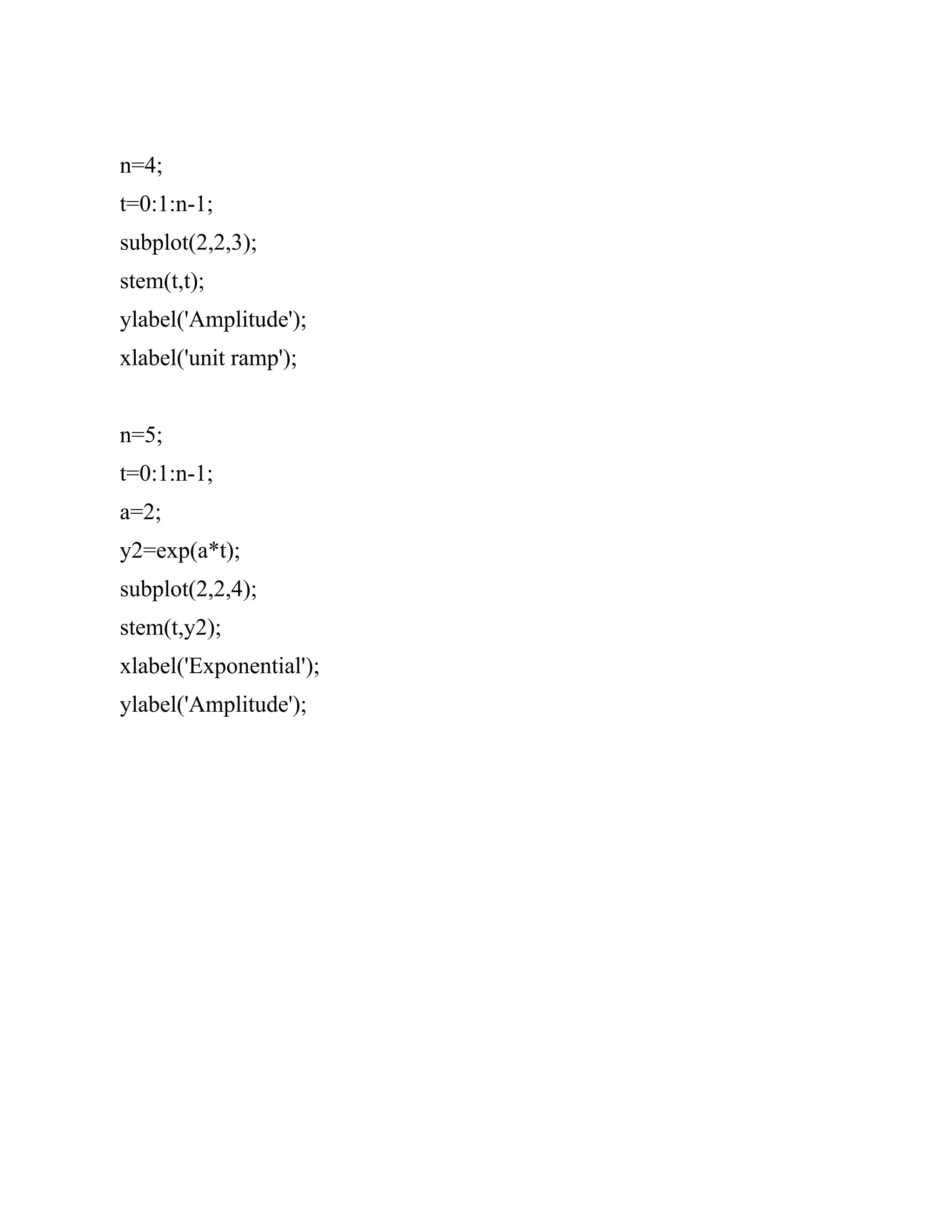n=4;
t=0:1:n-1;
subplot(2,2,3);
stem(t,t);
ylabel('Amplitude');
xlabel('unit ramp');
n=5;
t=0:1:n-1;
a=2;
y2=exp(a*t);
subplot(2,2,4);
stem(t,y2);
xlabel('Exponential');
ylabel('Amplitude');
 