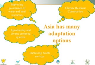 Asia has many
adaptation
options
Climate Resilient
Construction
Improving
governance of
water and land
resources
Agroforestry and
diverse cropping
systems
Improving health
services
 