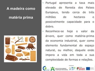 • Portugal apresenta a taxa mais
elevada de floresta dos Países
Europeus, tendo cerca de três
milhões de hectares e
possivelmente capacidade para o
dobro.
• Reconhece-se hoje o valor da
árvore, quer como matéria-prima
da economia industrial, quer como
elemento fundamental do espaço
natural, ou melhor, daquele onde
impera a vida em toda a sua
complexidade de formas e relações.
A madeira como
matéria prima
 
