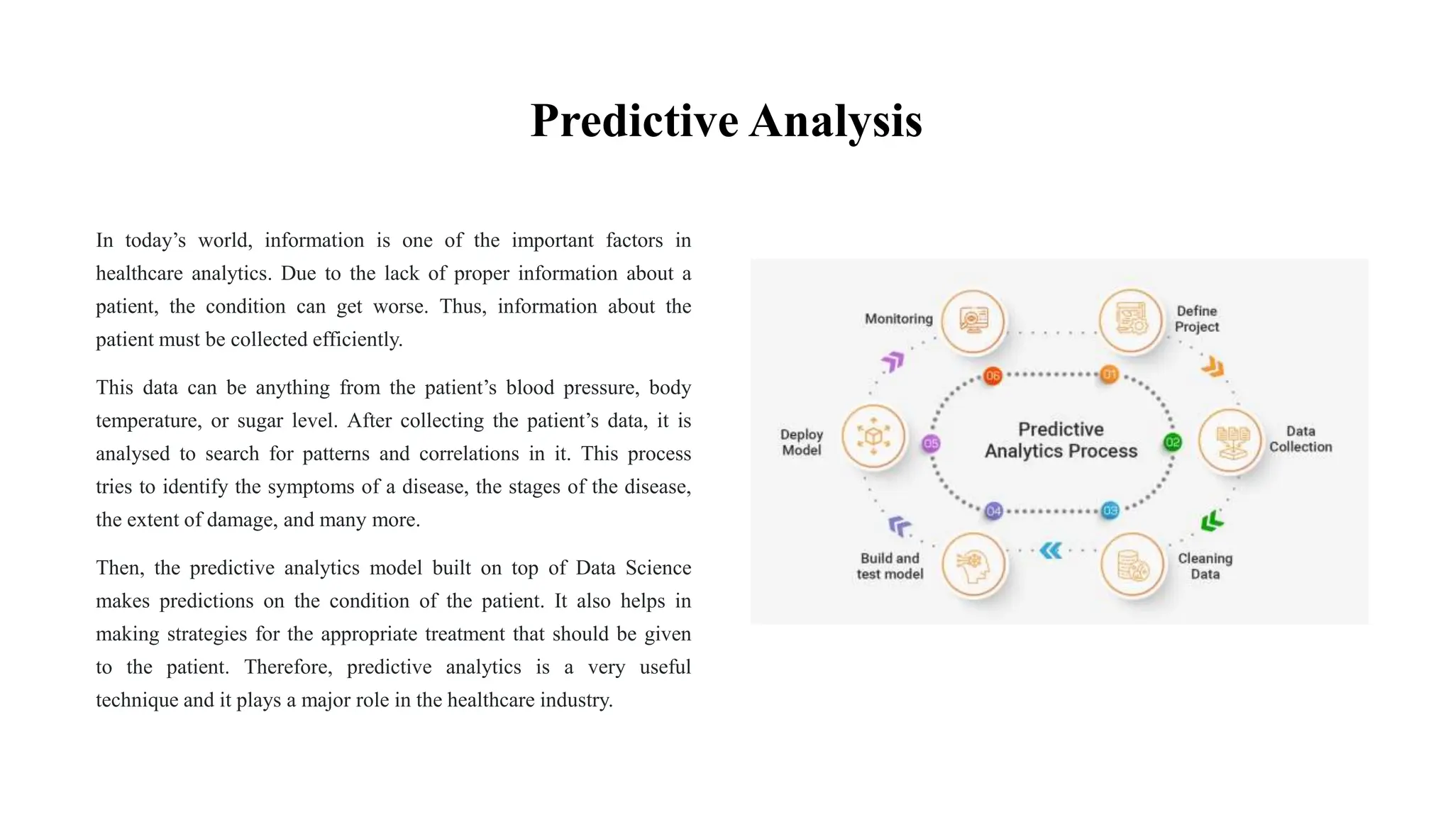 Predictive Analysis
In today’s world, information is one of the important factors in
healthcare analytics. Due to the lack of proper information about a
patient, the condition can get worse. Thus, information about the
patient must be collected efficiently.
This data can be anything from the patient’s blood pressure, body
temperature, or sugar level. After collecting the patient’s data, it is
analysed to search for patterns and correlations in it. This process
tries to identify the symptoms of a disease, the stages of the disease,
the extent of damage, and many more.
Then, the predictive analytics model built on top of Data Science
makes predictions on the condition of the patient. It also helps in
making strategies for the appropriate treatment that should be given
to the patient. Therefore, predictive analytics is a very useful
technique and it plays a major role in the healthcare industry.
 