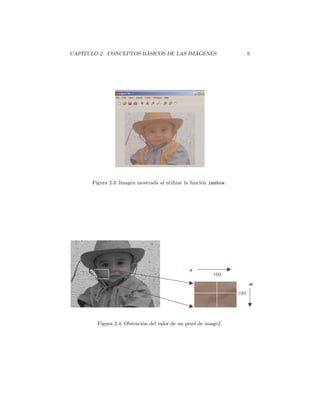 CAPÍTULO 2. CONCEPTOS BÁSICOS DE LAS IMÁGENES                            9




      Figura 2.3: Imagen mostrada al utilizar la función imshow.




                                               n
                                                          100
                                                                         m
                                                                   100




        Figura 2.4: Obtención del valor de un píxel de image2.
 