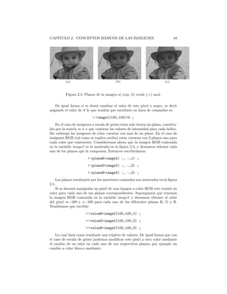CAPÍTULO 2. CONCEPTOS BÁSICOS DE LAS IMÁGENES                                    10




          (a)                              (b)                             (c)


          Figura 2.5: Planos de la imagen a) rojo, b) verde y c) azul.


    De igual forma si se desea cambiar el valor de este píxel a negro, es decir
asignarle el valor de 0 lo que tendría que escribirse en línea de comandos es:
                            > >image1(100,100)=0 ;
    En el caso de imágenes a escala de grises estas solo tienen un plano, constitu-
ido por la matriz m x n que contiene los valores de intensidad para cada índice.
Sin embargo las imágenes de color cuentan con mas de un plano. En el caso de
imágenes RGB (tal como se explico arriba) estas cuentan con 3 planos uno para
cada color que representa. Consideremos ahora que la imagen RGB contenida
en la variable image2 es la mostrada en la ﬁgura 2.3, y deseamos obtener cada
uno de los planos que la componen. Entonces escribiríamos:
                        > >planeR=image2( :, :,1) ;
                        > >planeG=image2( :, :,2) ;
                        > >planeB=image2( :, :,3) ;
    Los planos resultantes por los anteriores comandos son mostrados en la ﬁgura
2.5.
    Si se deseará manipular un píxel de una imagen a color RGB este tendrá un
valor para cada uno de sus planos correspondientes. Supongamos que tenemos
la imagen RGB contenida en la variable image2 y deseamos obtener el valor
del píxel m=100 y n=100 para cada uno de los diferentes planos R, G y B.
Tendríamos que escribir:
                       > >valueR=image2(100,100,1) ;
                       > >valueG=image2(100,100,2) ;
                       > >valueB=image2(100,100,3) ;
    Lo cual dará como resultado una tripleta de valores. De igual forma que con
el caso de escala de grises podemos modiﬁcar este píxel a otro color mediante
el cambio de su valor en cada uno de sus respectivos planos; por ejemplo un
cambio a color blanco mediante:
 