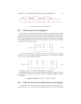 CAPÍTULO 2. CONCEPTOS BÁSICOS DE LAS IMÁGENES                                          14




       v11      v12           v13     v14     v15         v16      v17



                           Figura 2.8: Ejemplo de submuestreo


2.3.         Sub-muestreo de imágenes
    En ocasiones es necesario hacer cálculos que requieren procesar por completo
la imagen, en estos casos hacerlo sobre la resolución original de la imagen seria
muy costoso. Una alternativa mas eﬁciente, resulta el sub-muestreo de la imagen.
Sub-muestreo signiﬁca generar una imagen a partir de tomar muestras periódicas
de la imagen original, de tal forma que esta quede mas pequeña. Si se considera
la imagen I(m,n) deﬁnida como:
                                                            
                                 v11 v12 v13 · · · v1n
                               v21 v22 v23 · · · v2n 
                                                            
                                                            
                  I(m, n) =  v31 v32 v33 · · · v3n                        (2.1)
                               .       .     .    ..     . 
                               . .     .
                                        .     .
                                              .       .   . 
                                                          .
                                 vm1 vm2 vm3 · · · vmn
    y se desa sub-muestrear la imagen para obtener la mitad de su tamano
original, asi la nueva imagen quedaría compuesta por los elementos tomando
uno si y otro no de la imagen original:

                                                                                
                            v11       v13           v15     ···      v1(n−2)
                           v31       v33           v35     ···      v3(n−2)     
                                                                                
                           v51       v53           v55     ···      v5(n−2)     
     IS2 (m, n) =                                                                  (2.2)
                            .
                             .         .
                                       .             .
                                                     .      ..          .
                                                                        .        
                            .         .             .         .        .        
                          v(m−2)1   v(m−2)3   v(m−2)5       ···    v(m−2)(n−2)

   El mismo concepto se explica graﬁcamente en la ﬁgura 2.8.
   Considerando que se tiene la imagen RGB en la variable image2 y la Sub-
muestreamos a la mitad tendríamos que escribir el siguiente código en la línea
de comandos:

               > >imageSub2=image2(1:2:end,1:2:end,1:1:end);


2.4.         Tipo de dato de los elementos de una imagen
    Los elementos que constituyen una imagen en matlab tienen el formato en-
tero uint8, que es un tipo de dato que puede variar de 0 a 255, sin poder
 