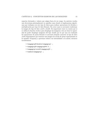 CAPÍTULO 2. CONCEPTOS BÁSICOS DE LAS IMÁGENES                                  15

soportar decimales y valores que salgan fuera de ese rango. Lo anterior resulta
una desventaja principalmente en aquellos casos donde se implementan algorit-
mos que trabajan con este tipo de datos para realizar operaciones de división o
multiplicación por tipo de dato ﬂotante. En estos casos es necesario trasformar
la imagen de tipo de dato uint8 a double. Es importante tener en cuenta que si
se utiliza la función imshow para desplegar las imágenes; esta no tiene la capaci-
dad de poder desplegar imágenes del tipo double por lo que una vez realizado
las operaciones de punto ﬂotante es necesario después convertir al tipo de dato
uint8. Supongamos que tenemos una imagen de escala de grises representada en
la variable imagegray y queremos reducir sus intensidades a la mitad, entonces
escribiríamos:

     > >imagegrayD=double(imagegray) ;
     > >imagegrayD=imagegrayD*0.5 ;
     > >imagegray=uint8(imagegrayD) ;
     > >imshow(imagegray) ;
 