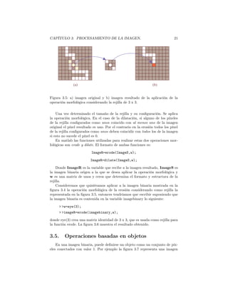 CAPÍTULO 3. PROCESAMIENTO DE LA IMAGEN.                                        21




               (a)                                               (b)


Figura 3.5: a) imagen original y b) imagen resultado de la aplicación de la
operación morfológica considerando la rejilla de 3 x 3.


    Una vez determinado el tamaño de la rejilla y su conﬁguración. Se aplica
la operación morfológica. En el caso de la dilatación, si alguno de los píxeles
de la rejilla conﬁgurados como unos coincido con al menos uno de la imagen
original el píxel resultado es uno. Por el contrario en la erosión todos los píxel
de la rejilla conﬁgurados como unos deben coincidir con todos los de la imagen
si esto no sucede el píxel es 0.
    En matlab las funciones utilizadas para realizar estas dos operaciones mor-
fológicas son erode y dilate. El formato de ambas funciones es:

                          ImageR=erode(ImageS,w);

                          ImageR=dilate(ImageS,w);

    Donde ImageR es la variable que recibe a la imagen resultado, ImageS es
la imagen binaria origen a la que se desea aplicar la operación morfológica y
w es una matriz de unos y ceros que determina el formato y estructura de la
rejilla.
    Consideremos que quisiéramos aplicar a la imagen binaria mostrada en la
ﬁgura 3.4 la operación morfológica de la erosión considerando como rejilla la
representada en la ﬁgura 3.5, entonces tendríamos que escribir suponiendo que
la imagen binaria es contenida en la variable imagebinary lo siguiente:

       > >w=eye(3);
       > >imageR=erode(imagebinary,w);

donde eye(3) crea una matriz identidad de 3 x 3, que es usada como rejilla para
la función erode. La ﬁgura 3.6 muestra el resultado obtenido.


3.5.      Operaciones basadas en objetos
    En una imagen binaria, puede deﬁnirse un objeto como un conjunto de píx-
eles conectados con valor 1. Por ejemplo la ﬁgura 3.7 representa una imagen
 