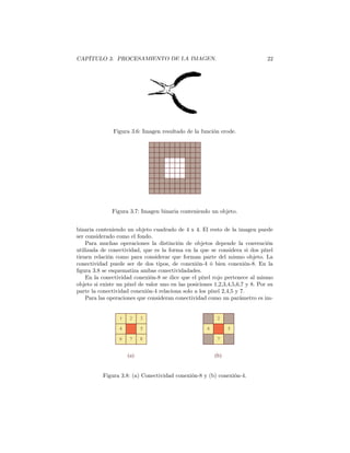 CAPÍTULO 3. PROCESAMIENTO DE LA IMAGEN.                                        22




               Figura 3.6: Imagen resultado de la función erode.




              Figura 3.7: Imagen binaria conteniendo un objeto.


binaria conteniendo un objeto cuadrado de 4 x 4. El resto de la imagen puede
ser considerado como el fondo.
    Para muchas operaciones la distinción de objetos depende la convención
utilizada de conectividad, que es la forma en la que se considera si dos píxel
tienen relación como para considerar que forman parte del mismo objeto. La
conectividad puede ser de dos tipos, de conexión-4 ó bien conexión-8. En la
ﬁgura 3.8 se esquematiza ambas conectividadades.
    En la conectividad conexión-8 se dice que el píxel rojo pertenece al mismo
objeto si existe un píxel de valor uno en las posiciones 1,2,3,4,5,6,7 y 8. Por su
parte la conectividad conexión-4 relaciona solo a los píxel 2,4,5 y 7.
    Para las operaciones que consideran conectividad como un parámetro es im-


                  1    2    3                              2

                 4          5                         4         5

                 6     7    8                              7


                      (a)                                 (b)


           Figura 3.8: (a) Conectividad conexión-8 y (b) conexión-4.
 