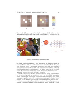 CAPÍTULO 3. PROCESAMIENTO DE LA IMAGEN.                                           24


                                                                      0

                                                                      1

                                                                      2

                                                                      3



                 (a)                             (b)                  (c)


Figura 3.10: a) Imagen original binaria, b) imagen resultado de la operación
bwlabel Considerando como conectividad conexión-4 y (c) la codiﬁcación de
color.


                                                                          R   G        B
                                                         100
                                                       115 892   20    20     30       89
                                                          21                           0
                                                                 21    20     30       89
                                                                                       0
                                                                 22    20     30       89
                                                                                       0




                   Figura 3.11: Ejemplo de imagen indexada.


que puede representar imágenes a color al igual que las RGB pero utiliza un
formato diferente, en lugar de utilizar tres planos como lo realiza las imágenes
RGB utiliza una matriz y una tabla, la matriz contiene en cada píxel un numero
entero correspondiente al índice de la tabla, mientras que cada índice de la tabla
corresponden 3 valores correspondiente a los planos RGB, con ello es posible
reducir el tamaño de las imágenes al reducir el numero de diferentes colores. La
ﬁgura 3.11 muestra un ejemplo de imagen indexada.
    De esta forma cada objeto de la imagen resultado al aplicar la función bwla-
bel puede ser desplegado en un diferente color y ser identiﬁcado mas rápida-
mente. Es importante recalcar que el número de índices necesarios para formar
la imagen es igual al número de etiquetas encontradas por la función bwlabel
mas uno, ya que el fondo constituido de solo ceros también es un índice mas.
    Consideremos un ejemplo para ilustrar la anterior técnica. Supongamos que
tenemos la imagen a escala de grises representada por la ﬁgura 3.12 (a) y la
 