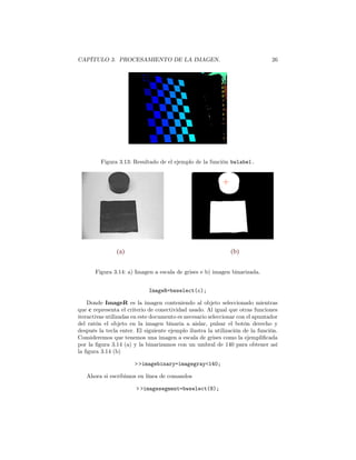 CAPÍTULO 3. PROCESAMIENTO DE LA IMAGEN.                                        26




         Figura 3.13: Resultado de el ejemplo de la función bwlabel.




               (a)                                            (b)

       Figura 3.14: a) Imagen a escala de grises e b) imagen binarizada.


                             ImageR=bwselect(c);

    Donde ImageR es la imagen conteniendo al objeto seleccionado mientras
que c representa el criterio de conectividad usado. Al igual que otras funciones
iteractivas utilizadas en este documento es necesario seleccionar con el apuntador
del ratón el objeto en la imagen binaria a aislar, pulsar el botón derecho y
después la tecla enter. El siguiente ejemplo ilustra la utilización de la función.
Consideremos que tenemos una imagen a escala de grises como la ejempliﬁcada
por la ﬁgura 3.14 (a) y la binarizamos con un umbral de 140 para obtener así
la ﬁgura 3.14 (b)

                       > >imagebinary=imagegray<140;

   Ahora si escribimos en línea de comandos

                       > >imagesegment=bwselect(8);
 