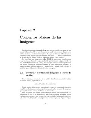 Capítulo 2

Conceptos básicos de las
imágenes

    En matlab una imagen a escala de grises es representada por medio de una
matriz bidimensional de m x n elementos en donde n representa el numero de
píxeles de ancho y m el numero de píxeles de largo. El elemento v11 corresponde
al elemento de la esquina superior izquierda (ver ﬁgura 1.1), donde cada elemento
de la matriz de la imagen tiene un valor de 0 (negro) a 255 (blanco).
    Por otro lado una imagen de color RGB (la mas usada para la visión
computacional, además de ser para matlab la opción default) es representada por
una matriz tridimensional m x n x p, donde m y n tienen la misma signiﬁcación
que para el caso de las imágenes de escala de grises mientras p representa el
plano, que para RGB que puede ser 1 para el rojo, 2 para el verde y 3 para el
azul. La ﬁgura 2.2 muestra detalles de estos conceptos.


2.1.     Lectura y escritura de imágenes a través de
         archivo
    Para leer imágenes contenidas en un archivo al ambiente de matlab se utiliza
la función imread, cuya sintaxis es

                       imread(’nombre del archivo’)

    Donde nombre del archivo es una cadena de caracteres conteniendo el nombre
completo de la imagen con su respectiva extensión, los formatos de imágenes
que soporta matlab son los mostrados en la tabla 2.1.
    Para introducir una imagen guardada en un archivo con alguno de los for-
matos especiﬁcados en la tabla anterior solo tiene que usarse la función imread
y asignar su resultado a una variable que representará a la imagen ( deacuerdo
a la estructura, Figura 2.1 para representar escala de grises y Figura 2.2 para


                                       5
 