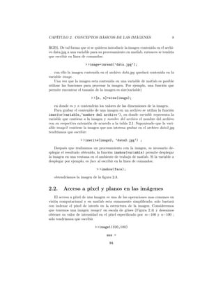 CAPÍTULO 2. CONCEPTOS BÁSICOS DE LAS IMÁGENES                                  8

RGB). De tal forma que si se quisiera introducir la imagen contenida en el archi-
vo data.jpg a una variable para su procesamiento en matlab, entonces se tendría
que escribir en línea de comandos:

                       > >image=imread(’data.jpg’);

    con ello la imagen contenida en el archivo data.jpg quedará contenida en la
variable image.
    Una vez que la imagen esta contenida en una variable de matlab es posible
utilizar las funciones para procesar la imagen. Por ejemplo, una función que
permite encontrar el tamaño de la imagen es size(variable)

                           > >[m, n]=size(image);

   en donde m y n contendrán los valores de las dimensiones de la imagen.
   Para grabar el contenido de una imagen en un archivo se utiliza la función
imwrite(variable,’nombre del archivo’), en donde variable representa la
variable que contiene a la imagen y nombre del archivo el nombre del archivo
con su respectiva extensión de acuerdo a la tabla 2.1. Suponiendo que la vari-
able image2 contiene la imagen que nos interesa grabar en el archivo dato2.jpg
tendríamos que escribir:

                    > >imwrite(image2, ’data2.jpg’) ;

    Después que realizamos un procesamiento con la imagen, es necesario de-
splegar el resultado obtenido, la función imshow(variable) permite desplegar
la imagen en una ventana en el ambiente de trabajo de matlab. Si la variable a
desplegar por ejemplo, es face al escribir en la línea de comandos:

                               > >imshow(face);

   obtendríamos la imagen de la ﬁgura 2.3.


2.2.     Acceso a píxel y planos en las imágenes
    El acceso a píxel de una imagen es una de las operaciones mas comunes en
visión computacional y en matlab esta sumamente simpliﬁcado; solo bastará
con indexar el píxel de interés en la estructura de la imagen. Consideremos
que tenemos una imagen image1 en escala de grises (Figura 2.4) y deseamos
obtener su valor de intensidad en el píxel especiﬁcado por m=100 y n=100 ;
solo tendríamos que escribir

                             > >image1(100,100)

                                     ans =

                                       84
 
