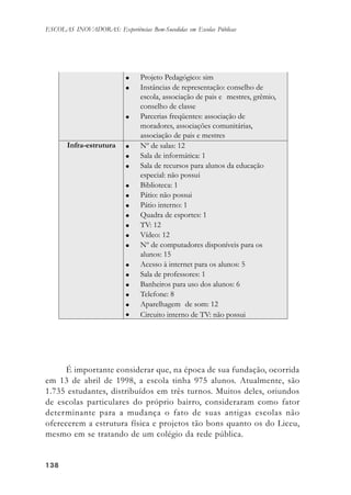 138138138138138
ESCOLAS INOVADORAS: Experiências Bem-Sucedidas em Escolas Públicas
É importante considerar que, na época de sua fundação, ocorrida
em 13 de abril de 1998, a escola tinha 975 alunos. Atualmente, são
1.735 estudantes, distribuídos em três turnos. Muitos deles, oriundos
de escolas particulares do próprio bairro, consideraram como fator
determinante para a mudança o fato de suas antigas escolas não
oferecerem a estrutura física e projetos tão bons quanto os do Liceu,
mesmo em se tratando de um colégio da rede pública.
 