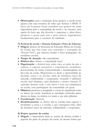 148148148148148
ESCOLAS INOVADORAS: Experiências Bem-Sucedidas em Escolas Públicas
• Observações: para a realização desse projeto, a escola conta
apenas com uma locadora de vídeo que fornece o DVD. O
Liceu do Conjunto Ceará considera este projeto de suma
importância para a comunidade da escola e do entorno, uma
opção de lazer que alia diversão e segurança e, além disso,
promove o gosto pela arte e pela cultura, ingredientes
fundamentais para o exercício da cidadania.
7) Festival da escola – Semana Cultural e Feira de Ciências
• Origem: projeto da Secretaria de Educação Básica do Estado
do Ceará, que tem como eixo norteador a concepção de
“Escola Viva”, que objetiva mudar o fazer pedagógico do
cotidiano escolar.
• Tempo de duração: não especificado.
• Público-alvo: alunos e comunidade local.
• Organização: o festival tem, como eixo, as ações de arte e
cultura, o esporte recreativo e experiências científicas,
desenvolvidas de forma contextualizada e interdisciplinar no
dia-a-dia da escola. Proporciona ao aluno a oportunidade de
desafiar, ousar e se revelar, além de fortalecer laços de
amizade, solidariedade e cooperação, tornando o ambiente
escolar mais dinâmico, mais produtivo e menos violento. É
realizado durante todo o ano letivo e tem sua culminância
na escola, com participação da comunidade em geral.
• Objetivos: promover a integração e a troca de experiências entre
os alunos da escola. Socializar as atividades realizadas pelos
alunos na dança, na música, no teatro e nas artes plásticas.
• Coordenação: diretora
• Desdobramentos: os alunos têm-se sentido mais capazes e
desafiados a ousar e a revelar o que conseguem criar, além
de fortalecer laços de amizade, solidariedade e cooperação.
8) Projeto quarteto de cordas
• Origem: a importância dada ao ensino da música erudita e
popular faz parte do projeto da escola, da mesma forma que
 