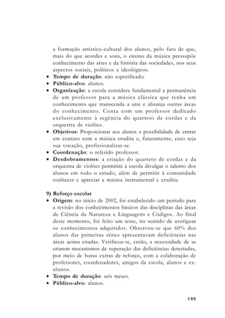 149149149149149
a formação artístico-cultural dos alunos, pelo fato de que,
mais do que acordes e sons, o ensino da música pressupõe
conhecimento das artes e da história das sociedades, nos seus
aspectos sociais, políticos e ideológicos.
• Tempo de duração: não especificado.
• Público-alvo: alunos.
• Organização: a escola considera fundamental a permanência
de um professor para a música clássica que tenha um
conhecimento que transcenda a arte e abranja outras áreas
do conhecimento. Conta com um professor dedicado
exclusivamente à regência do quarteto de cordas e da
orquestra de violões.
• Objetivos: Proporcionar aos alunos a possibilidade de entrar
em contato com a música erudita e, futuramente, caso seja
sua vocação, profissionalizar-se.
• Coordenação: o referido professor.
• Desdobramentos: a criação do quarteto de cordas e da
orquestra de violões permitirá à escola divulgar o talento dos
alunos em todo o estado, além de permitir à comunidade
conhecer e apreciar a música instrumental e erudita.
9) Reforço escolar
• Origem: no inicio de 2002, foi estabelecido um período para
a revisão dos conhecimentos básicos das disciplinas das áreas
de Ciência da Natureza e Linguagens e Códigos. Ao final
deste momento, foi feito um teste, no sentido de averiguar
os conhecimentos adquiridos. Observou-se que 60% dos
alunos das primeiras séries apresentavam deficiências nas
áreas acima citadas. Verificou-se, então, a necessidade de se
criarem mecanismos de superação das deficiências detectadas,
por meio de horas extras de reforço, com a colaboração de
professores, coordenadores, amigos da escola, alunos e ex-
alunos.
• Tempo de duração: seis meses.
• Público-alvo: alunos.
 