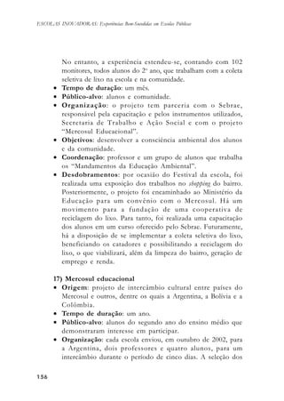 156156156156156
ESCOLAS INOVADORAS: Experiências Bem-Sucedidas em Escolas Públicas
No entanto, a experiência estendeu-se, contando com 102
monitores, todos alunos do 2o
ano, que trabalham com a coleta
seletiva de lixo na escola e na comunidade.
• Tempo de duração: um mês.
• Público-alvo: alunos e comunidade.
• Organização: o projeto tem parceria com o Sebrae,
responsável pela capacitação e pelos instrumentos utilizados,
Secretaria de Trabalho e Ação Social e com o projeto
“Mercosul Educacional”.
• Objetivos: desenvolver a consciência ambiental dos alunos
e da comunidade.
• Coordenação: professor e um grupo de alunos que trabalha
os “Mandamentos da Educação Ambiental”.
• Desdobramentos: por ocasião do Festival da escola, foi
realizada uma exposição dos trabalhos no shopping do bairro.
Posteriormente, o projeto foi encaminhado ao Ministério da
Educação para um convênio com o Mercosul. Há um
movimento para a fundação de uma cooperativa de
reciclagem do lixo. Para tanto, foi realizada uma capacitação
dos alunos em um curso oferecido pelo Sebrae. Futuramente,
há a disposição de se implementar a coleta seletiva do lixo,
beneficiando os catadores e possibilitando a reciclagem do
lixo, o que viabilizará, além da limpeza do bairro, geração de
emprego e renda.
17) Mercosul educacional
• Origem: projeto de intercâmbio cultural entre países do
Mercosul e outros, dentre os quais a Argentina, a Bolívia e a
Colômbia.
• Tempo de duração: um ano.
• Público-alvo: alunos do segundo ano do ensino médio que
demonstraram interesse em participar.
• Organização: cada escola enviou, em outubro de 2002, para
a Argentina, dois professores e quatro alunos, para um
intercâmbio durante o período de cinco dias. A seleção dos
 