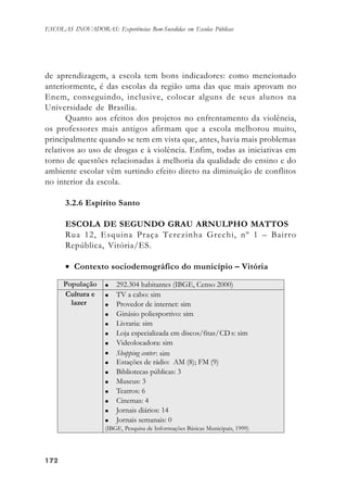 172172172172172
ESCOLAS INOVADORAS: Experiências Bem-Sucedidas em Escolas Públicas
de aprendizagem, a escola tem bons indicadores: como mencionado
anteriormente, é das escolas da região uma das que mais aprovam no
Enem, conseguindo, inclusive, colocar alguns de seus alunos na
Universidade de Brasília.
Quanto aos efeitos dos projetos no enfrentamento da violência,
os professores mais antigos afirmam que a escola melhorou muito,
principalmente quando se tem em vista que, antes, havia mais problemas
relativos ao uso de drogas e à violência. Enfim, todas as iniciativas em
torno de questões relacionadas à melhoria da qualidade do ensino e do
ambiente escolar vêm surtindo efeito direto na diminuição de conflitos
no interior da escola.
3.2.6 Espírito Santo
ESCOLA DE SEGUNDO GRAU ARNULPHO MATTOS
Rua 12, Esquina Praça Terezinha Grechi, nº 1 – Bairro
República, Vitória/ES.
• Contexto sociodemográfico do município – Vitória
 