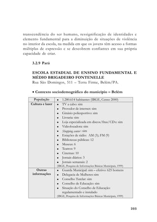 205205205205205
transcendência do ser humano, ressignificação de identidades e
elemento fundamental para a diminuição de situações de violência
no interior da escola, na medida em que os jovens têm acesso a formas
múltiplas de expressão e se descobrem confiantes em sua própria
capacidade de criar.
3.2.9 Pará
ESCOLA ESTADUAL DE ENSINO FUNDAMENTAL E
MÉDIO BRIGADEIRO FONTENELLE
Rua São Domingos, 511 – Terra Firme, Belém/PA.
• Contexto sociodemográfico do município – Belém
 